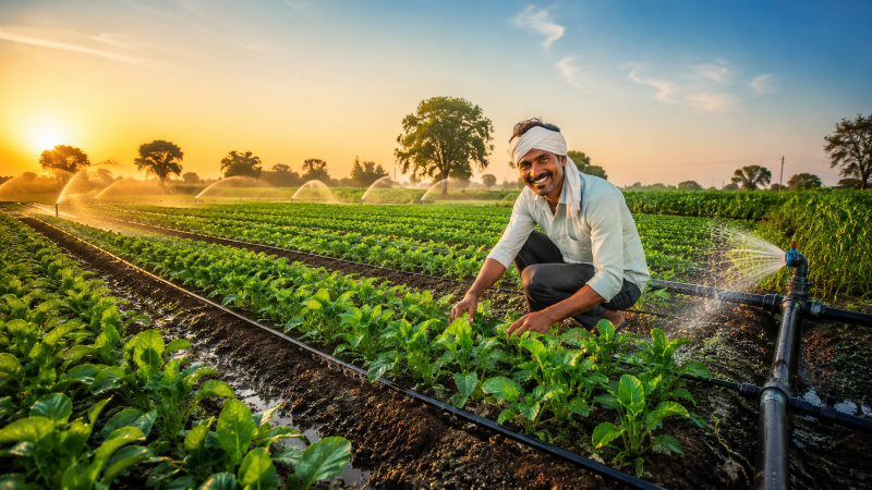 Indian farmer inspecting healthy crops with drip irrigation at sunrise.