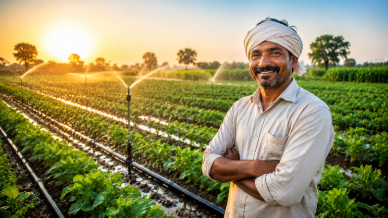 Indian farmer standing in a lush field with drip and sprinkler irrigation at sunrise.