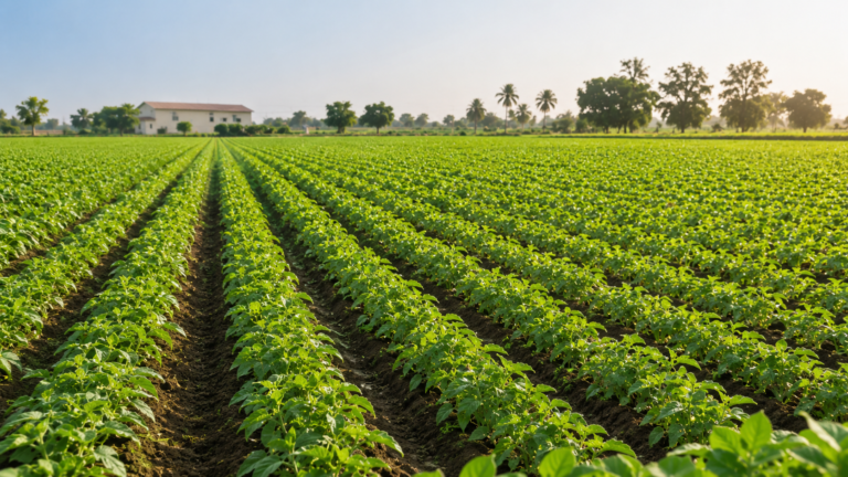 Modern agricultural irrigation system in India featuring drip lines, sprinklers, filters, valves and efficient water management for healthy crop fields.